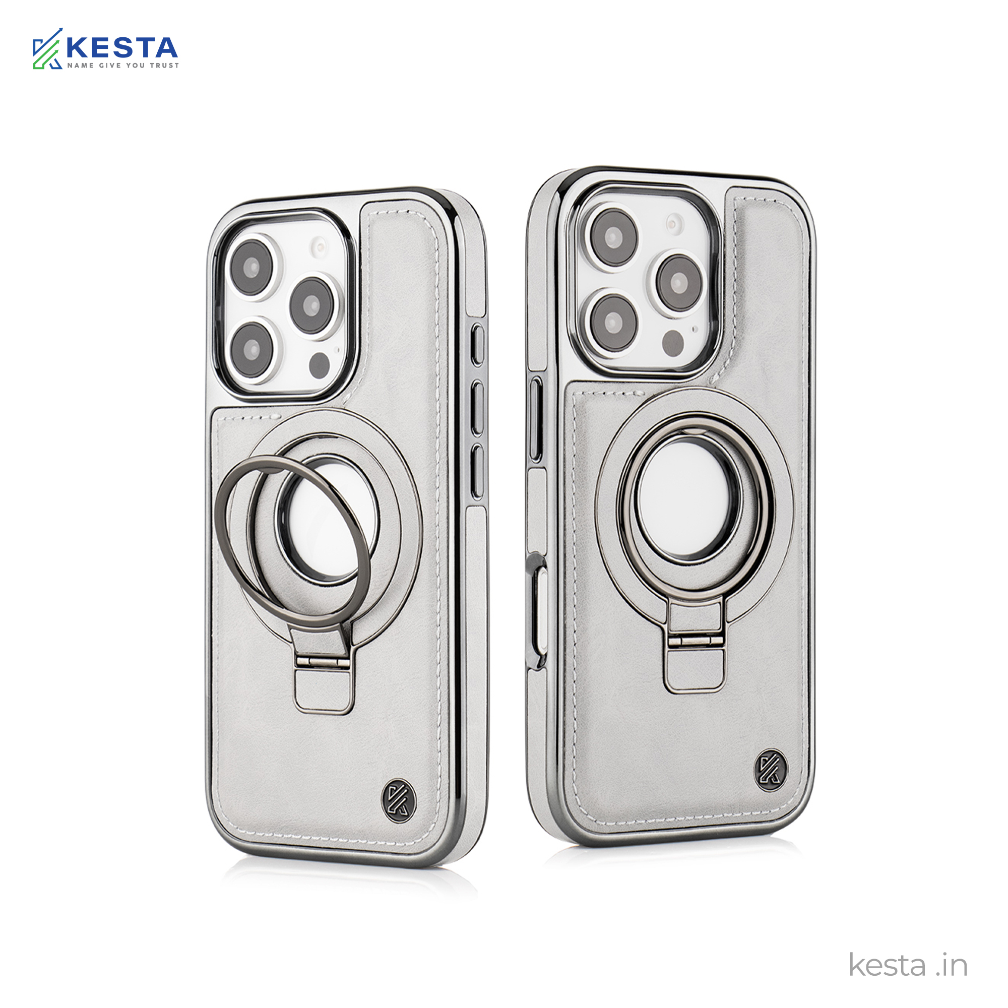 iPhone 16 Pro Cover - Classy Elite Gray Leather Case (Built-In Magnetic Ring Holder)